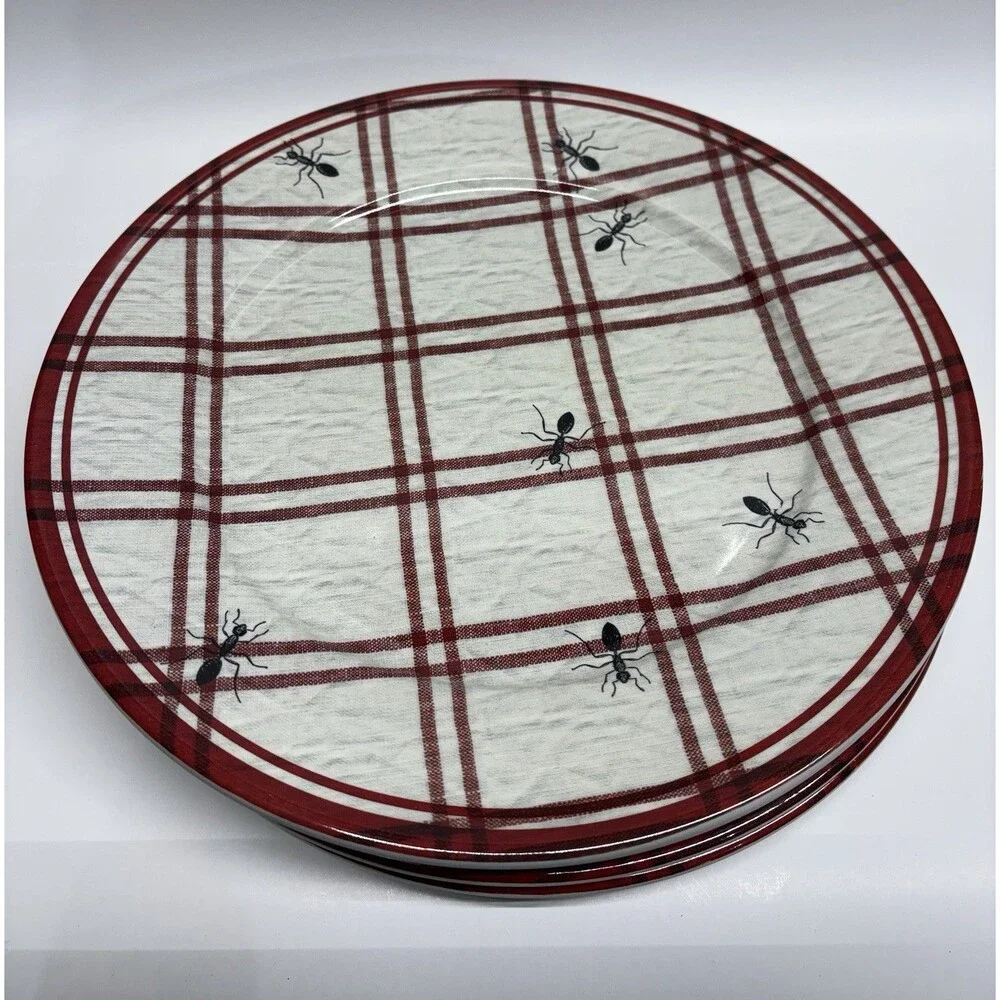 Williams Sonoma Ant Plaid Melamine Dinner Plates Set of 4 Red Black Picnic BBQ